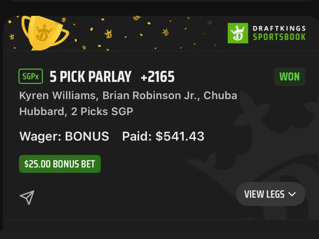 DraftKings 5-pick parlay won, paid $541.43