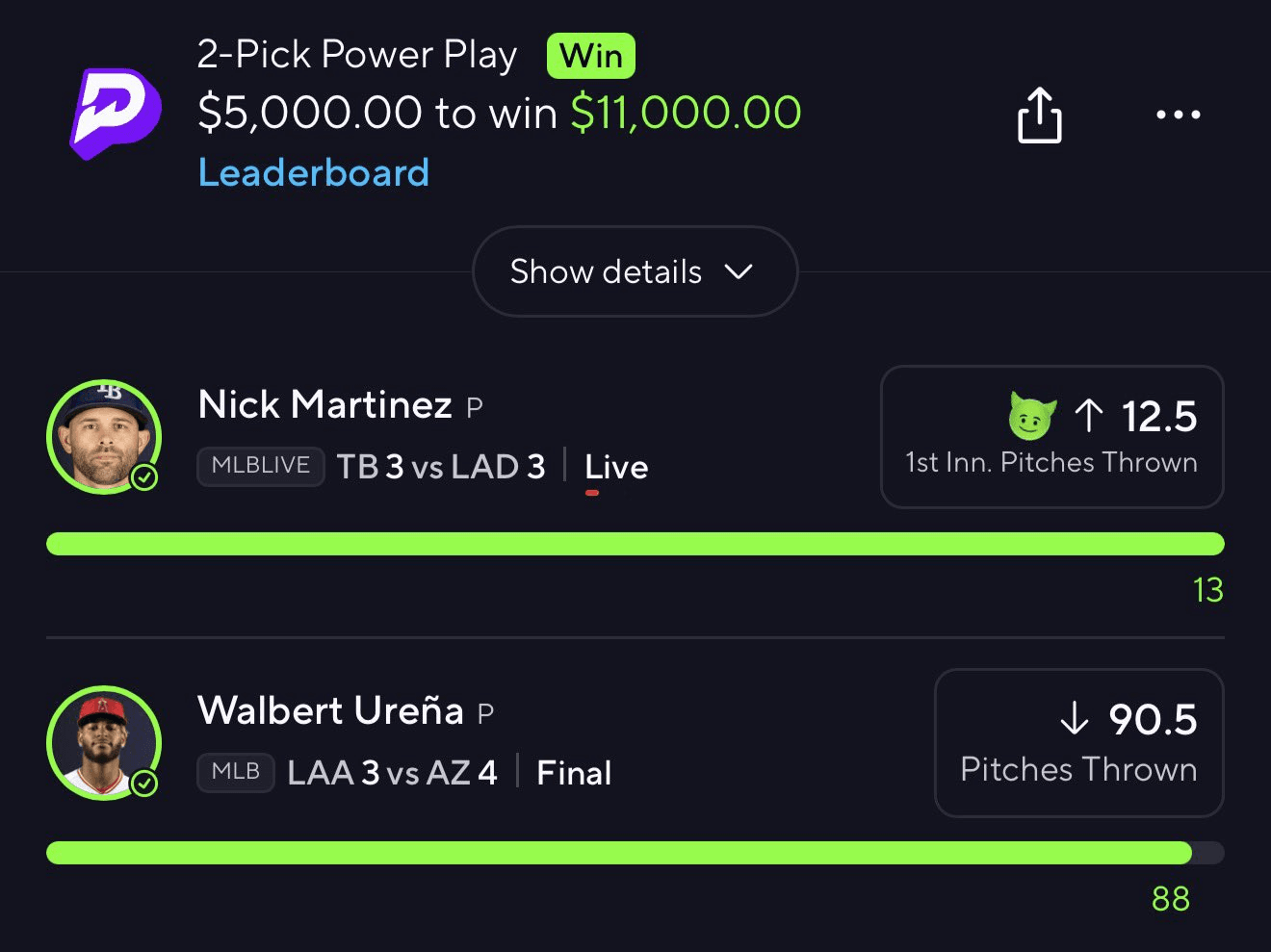 PrizePicks 2-pick power play, $5,000 to win $11,000, marked Win