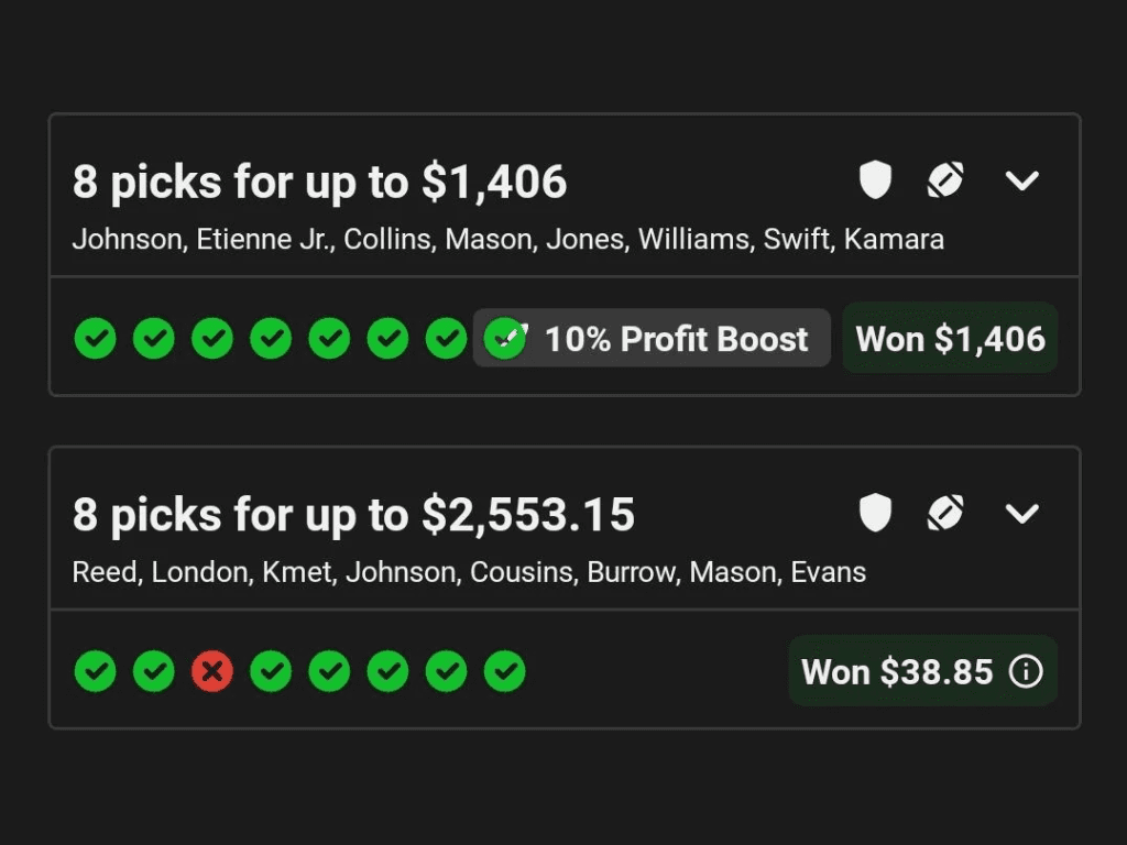 Underdog 8-pick entries marked Won, with profit boosts